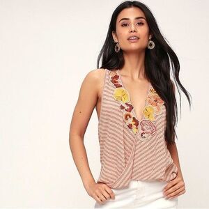 Free People Frida Striped Embroidered Tank in Neutral Size Large Boho Festival